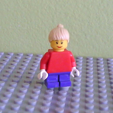 LEGO Minifigure-Plain Red Torso with Red Arms, Dark Purple Short Legs, Tan Female Ponytail Hair, Brown Eyebrows (10199)-Town-TWN090-Creative Brick Builders